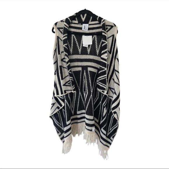 Elan Aztec Cardigan Reversible Mixed Print Womens S Fringe Wool Oversized Boho - Picture 1 of 12